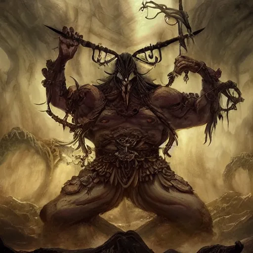 Prompt: Giant Muscular Baphomet wearing Samurai outfit in front of treebeard with ghosts and fairies surounding illustration by Renato muccillo and Andreas Rocha and Johanna Rupprecht + dofus colors, wakfu colors + symmetry + greco-roman art, intricate ink illustration, intricate complexity, epic composition, magical atmosphere + wide long shot, wide angle + masterpiece, trending on artstation + 4k