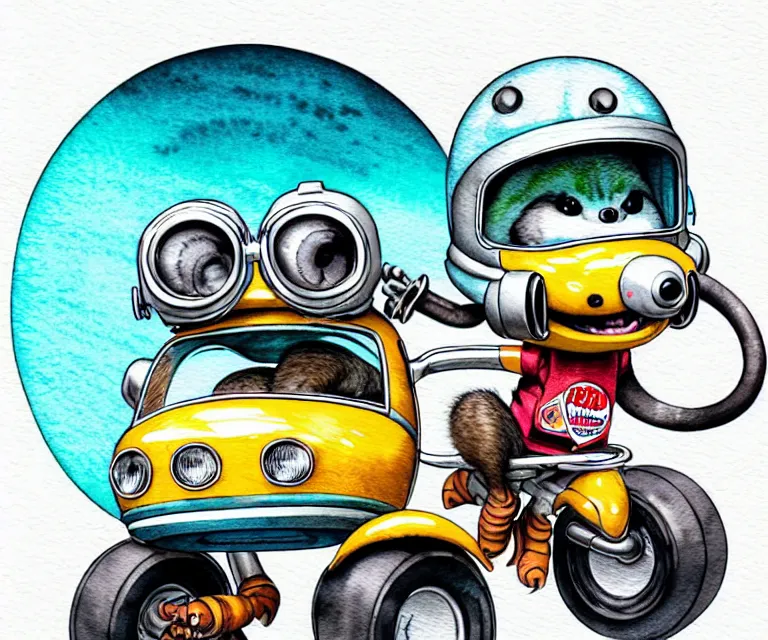 Image similar to cute and funny, racoon wearing a helmet riding in a tiny hot rod with oversized engine, ratfink style by ed roth, centered award winning watercolor pen illustration, isometric illustration by chihiro iwasaki, edited by range murata, tiny details by artgerm and watercolor girl, symmetrically isometrically centered, hyperfocused