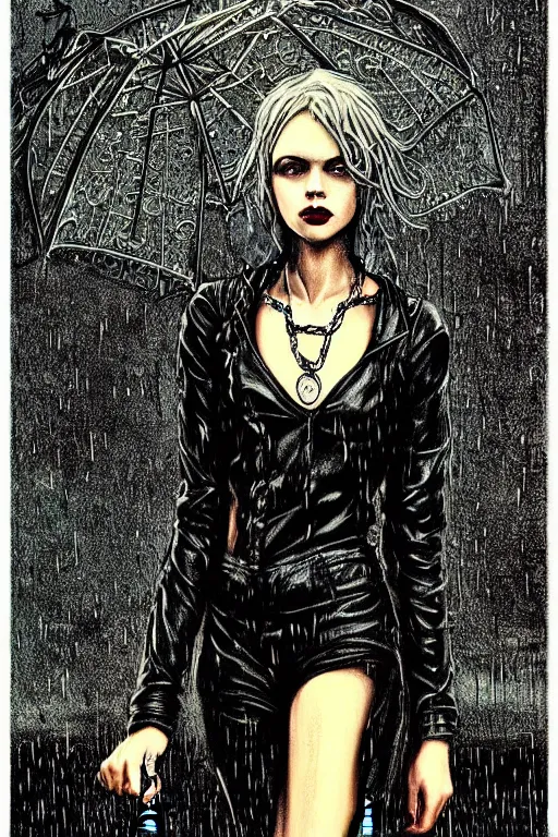 Image similar to dreamy gothic girl, black leather slim clothes, chains, strong rain night, beautiful slim body, detailed acrylic, grunge, intricate complexity, by dan mumford and by alberto giacometti, peter lindbergh