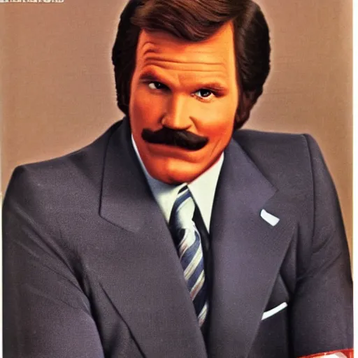 Image similar to shot from a 1 9 7 4 sears catalog of ron burgundy modeling mens clothing, high detail, photorealistic,