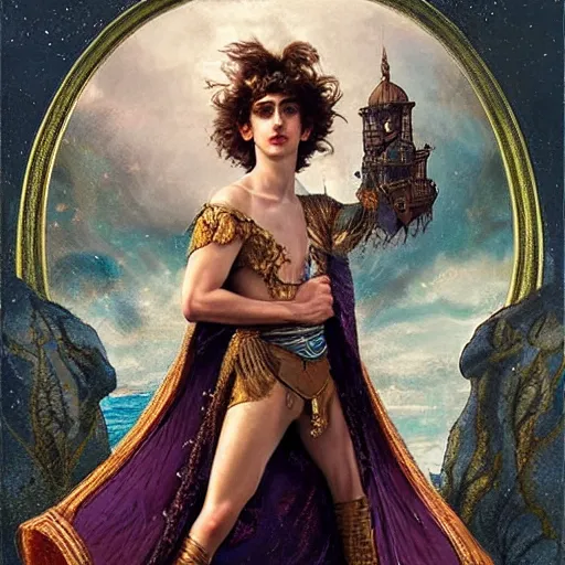 Prompt: portrait of timothee chalamet as a magical genie, art by tom bagshaw and manuel sanjulian and franz xaver kosler