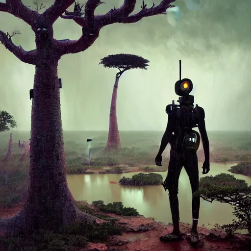 Prompt: a zulu cyberpunk hunter near pink lake witha a baobab tree during a thunderstorm by greg rutkowski and android jones in a surreal portrait style, oil on canvas, 8k resolution.