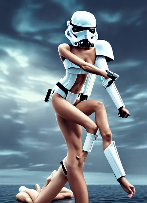 Prompt: [ female ] kneeling! [ supermodel ]! [ white bikini ] and [ stormtrooper - helmet ], [ lascivious sexy pose ], reflections, elegant, cinematic, highly detailed, sharp focus, in the style of rossdraws, artgerm, donato giancola, nekro borja, boris vallejo