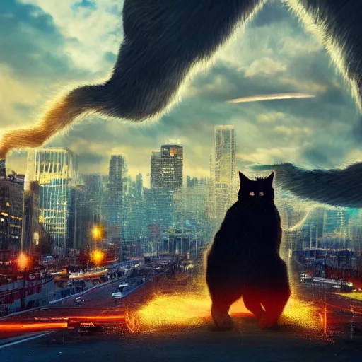 Prompt: giant cat destroying a city, explosions in the background, 4 k,