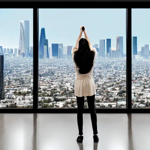 Image similar to a woman looking out her panoramic window at a futuristic cyberpunk los angeles. flying cars and vehicles