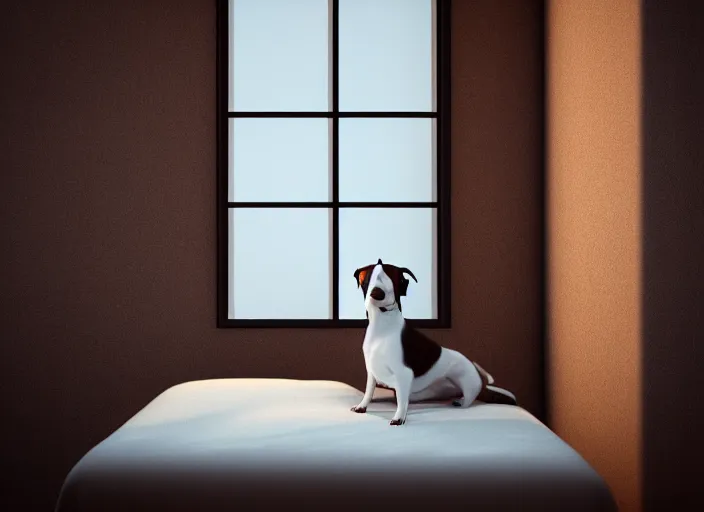 Image similar to photography of a Jack Russel . watching outside the window. on a bed. in a white room. octane render,volumetric light, volumetric fog, photorealistic,, award winning photo, 100mm, sharp, cloth, high res