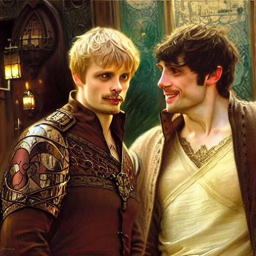 Prompt: attractive bradley james as arthur pendragon and attractive colin morgan as merlin go to a pub together to have some drinks. highly detailed painting by gaston bussiere, craig mullins, j. c. leyendecker, alphonse mucha 8 k