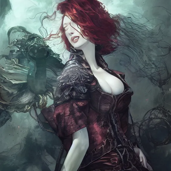 Prompt: christina hendricks!!!!! goth!!!!!, tankoban, 4 k, tone mapping, akihiko yoshida, james jean andrei riabovitchev marc simonetti, yoshitaka amano, long hair, curly, h. hydrochaeri