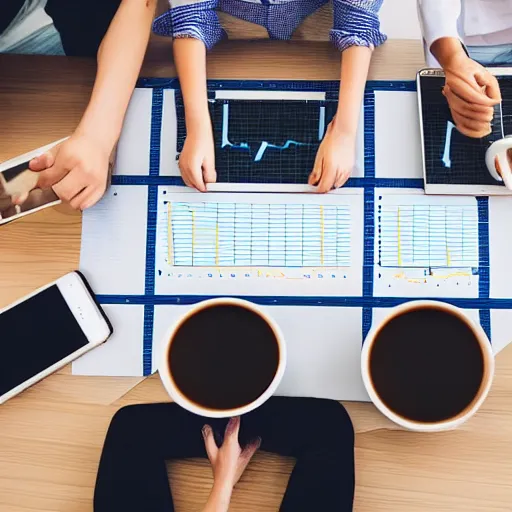 Image similar to stock photograph of people enjoying making a gantt chart, movement, energy, coffee