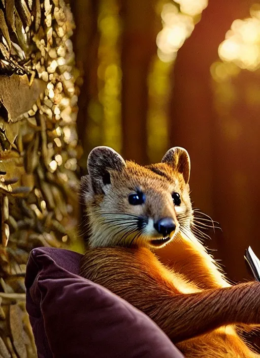 Image similar to a beautiful scene from a 2 0 2 2 fantasy film featuring a humanoid pine marten with golden eyes wearing a loose white tunic reading on a couch. an anthropomorphic pine marten. golden hour.