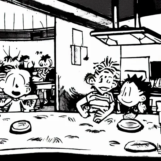 Prompt: calvin and hobbes in a diner, overhead lighting