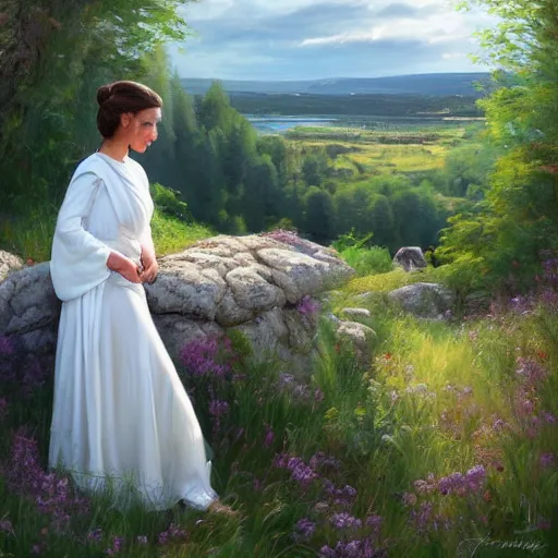 Prompt: Princess Leia, Swedish countryside, landscape view, archipelago, painting by Vladimir Volegov, wlop, artstation