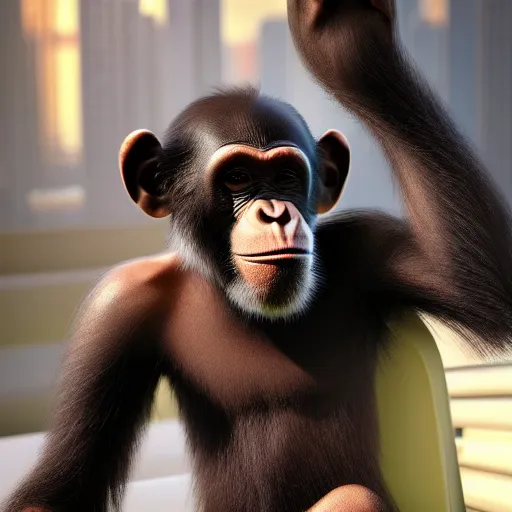 Image similar to a high detail shot of a chimp wearing a suit, smoking, unreal engine