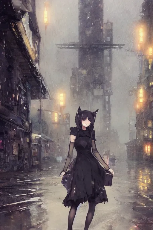 Prompt: woman with cat ears wearing a black lace dress and thigh highs walking in a depressing soviet city, expressive oil painting, digital anime art, highly detailed, character art, by yoshitaka amano, by greg rutkowski, by conrad roset, volumetrics, octane render, rainy street