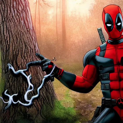 Prompt: deadpool and venom in the woods playing digital art 4 k detailed