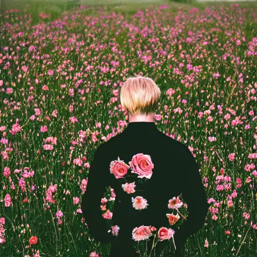 Image similar to kodak portra 4 0 0 photograph of a skinny blonde goth guy standing far back in a field of flowers, back view, flower crown, moody lighting, telephoto, 9 0 s vibe, blurry background, vaporwave colors, faded!,