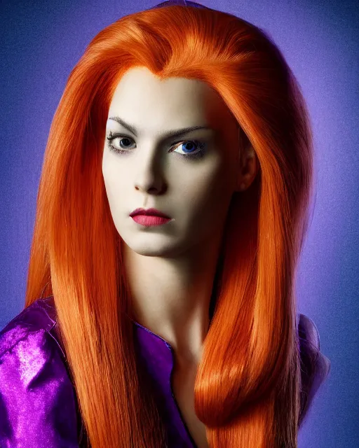 Prompt: dramatically - lit closeup portrait photograph of daphne from the scooby - doo live - action film ( 2 0 0 2 ), sharp details, vignette, high saturation, smooth textured skin, subsurface scattering, purple outfit, photograph by mark mann and martin schoeller and annie leibovitz, 4 k, soft focus, centered, symmetrical