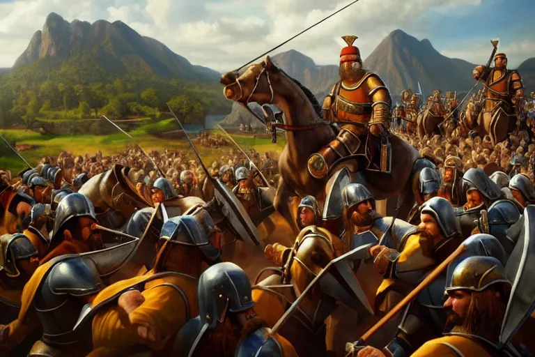 Image similar to ( ( a beautiful 8 k photorealistic masterpiece oil painting ) ( of ( man stuck in the age of empires 2 game ) ( knights and archers are chasing him ) ) ( hyperrealism ) ( 1 6 k ) ( trending on artstation )