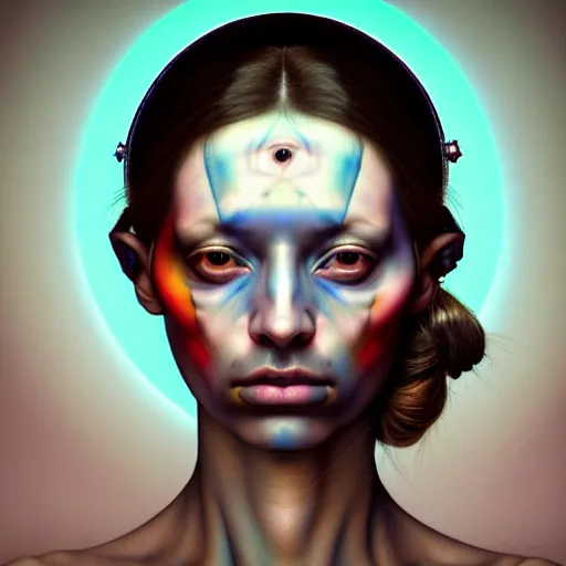 Image similar to Colour Caravaggio style Photography of Beautiful woman with highly detailed 1000 years old face wearing higly detailed sci-fi halo above head designed by Josan Gonzalez Many details, last forum. . In style of Josan Gonzalez and Mike Winkelmann andgreg rutkowski and alphonse muchaand Caspar David Friedrich and Stephen Hickman and James Gurney and Hiromasa Ogura. Rendered in Blender, volumetric natural light