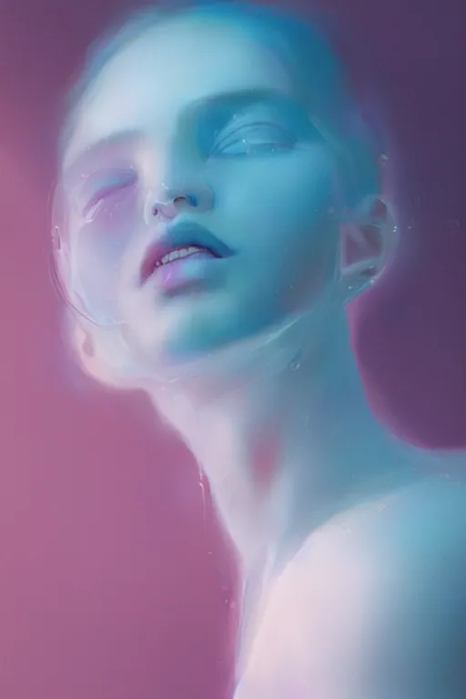 Prompt: 3 d, close - up, liquid white oil, sleepy smiling fashion model, light blue fog, smoke, poster art, high detail, intricate oil painting, multiple exposure, deep pink color palette, hyperrealism, 3 d, by tooth wu and wlop and beeple and greg rutkowski
