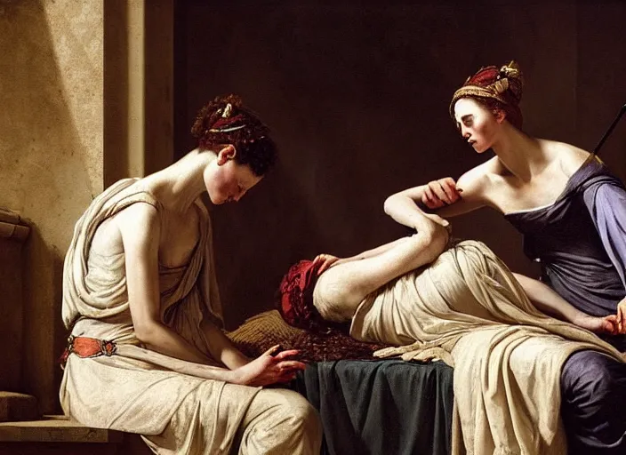 Image similar to this sorrowful picture illustrates the poignant death of lucretia which led to a revolt that overthrew the monarchy and established the republic of rome. hyperrealism, intricate details, trending on artsation