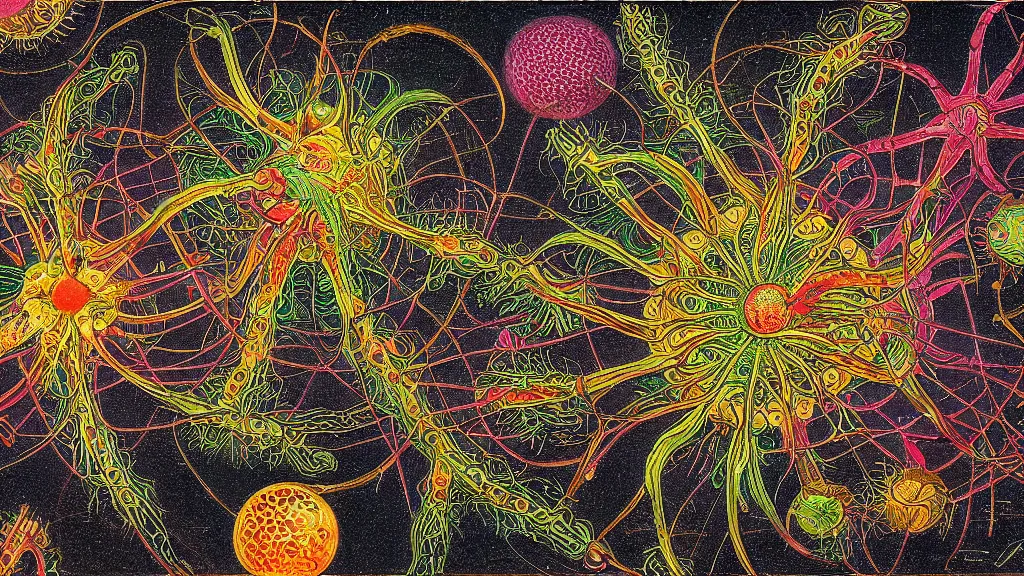 Image similar to quantum connections represented as symbiotic organisms like cells playing around with colorful lights by ernst haeckel, sharp