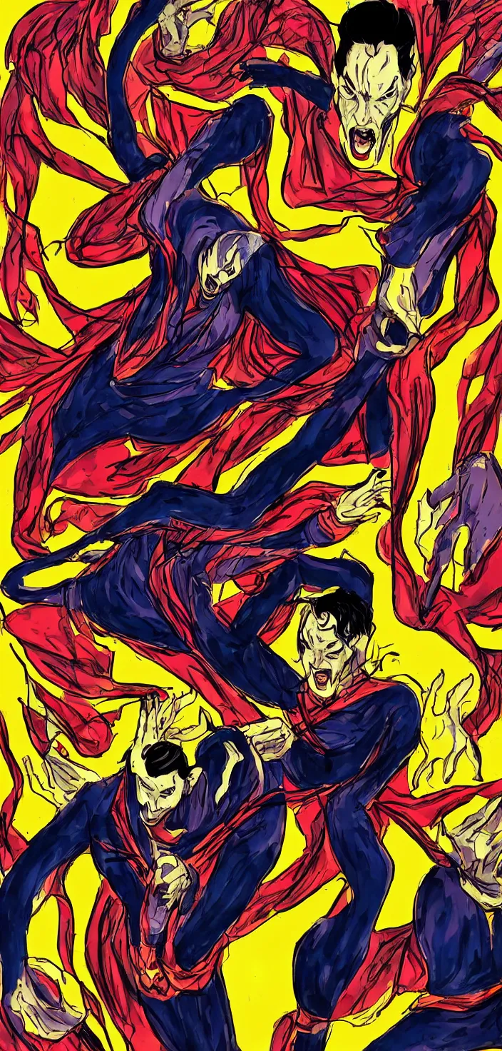 Image similar to Dr strange as an evil anime character in the style of Junji Ito, bright colourful pop art