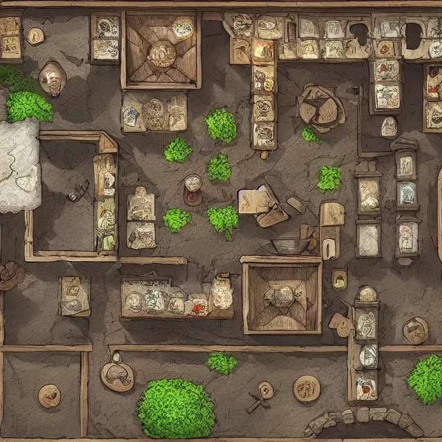 Prompt: a top - down rpg battlemap of a cosy medieval apothecary shop, volumetric lighting, digital art, artstation hd, / r / battlemaps