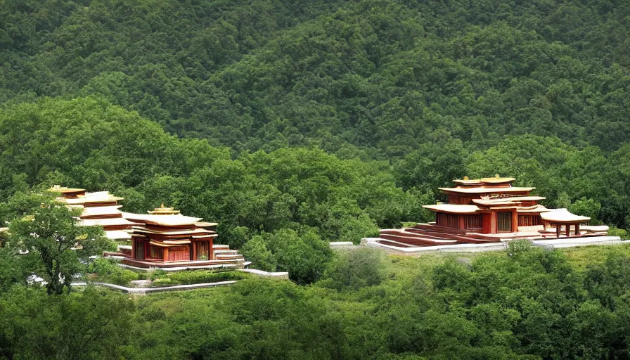 Prompt: temple villa inspired by tibetan architecture, on a green hill, overlooking a valley with trees, frank lloyd wright, photorealistic, birds eye view