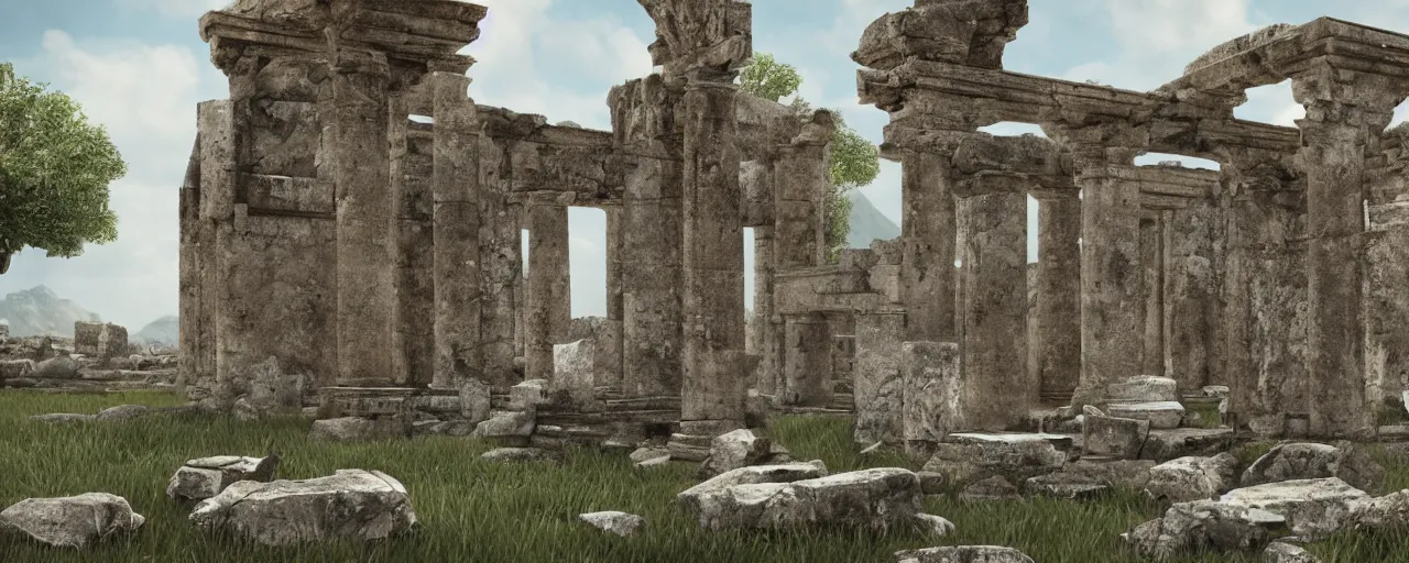 Image similar to an ancient ruined temple of the old Pagan Gods, 8k hyper realistic, Photorealistic, rendered by Octane