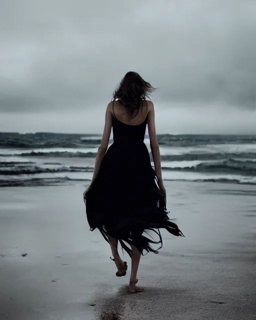 Prompt: a portrait of a beautiful woman walking on a beach on a cloudy overcast day by alessio albi.