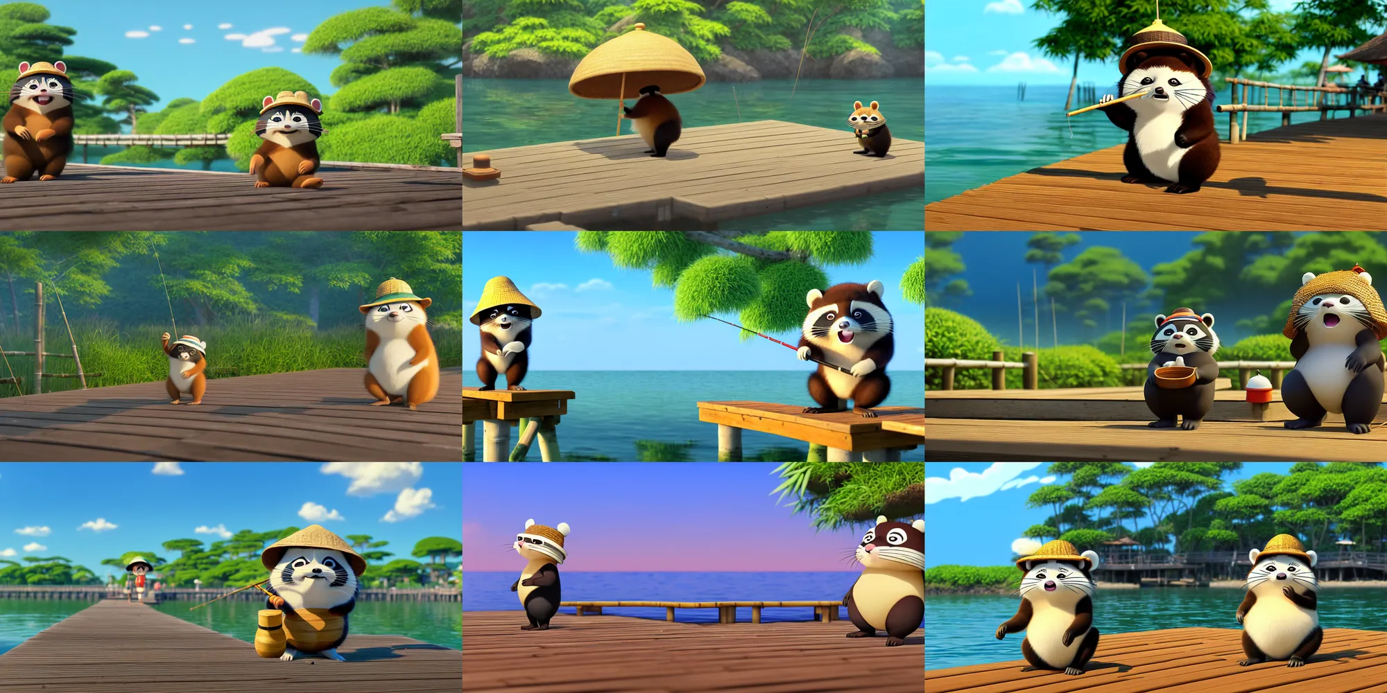 Prompt: a wholesome animation key shot of tanuki on a fishing pier wearing a bamboo hat, studio ghibli, pixar and disney animation, sharp, rendered in unreal engine 5, anime key art by tatsuyuki tanaka, bloom, dramatic lighting