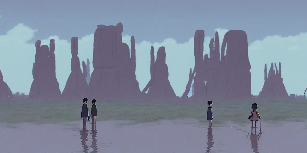 Image similar to a realistic cell - shaded studio ghibli concept art from paprika ( 2 0 0 6 ) of shouxing from close encounters of the third kind ( 1 9 7 7 ) in a flooded monument valley stonehenge. very dull colors, wide shot, hd, 4 k, hq