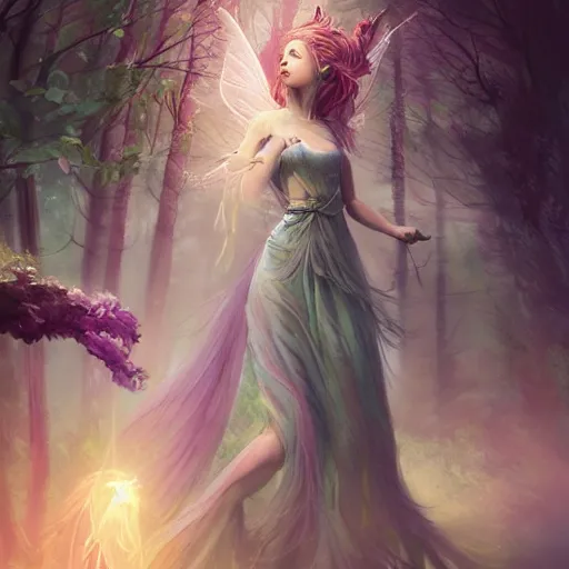 Image similar to a divine fairy druid forest goddess ascending into a new universe, in the style of wlop and vanessa lemen and charlie bowater, illustration, epic, fantasy, hyper detailed, unreal engine, ray tracing