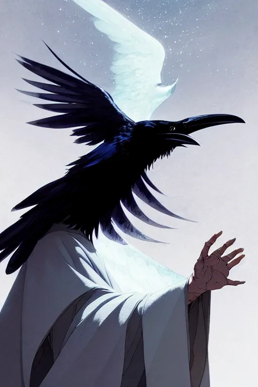 Image similar to raven headed warlock doing magic spells wind, white robes, finely detailed perfect face, exquisite details, mid view, design on a white background, by studio muti, greg rutkowski makoto shinkai takashi takeuchi studio ghibli