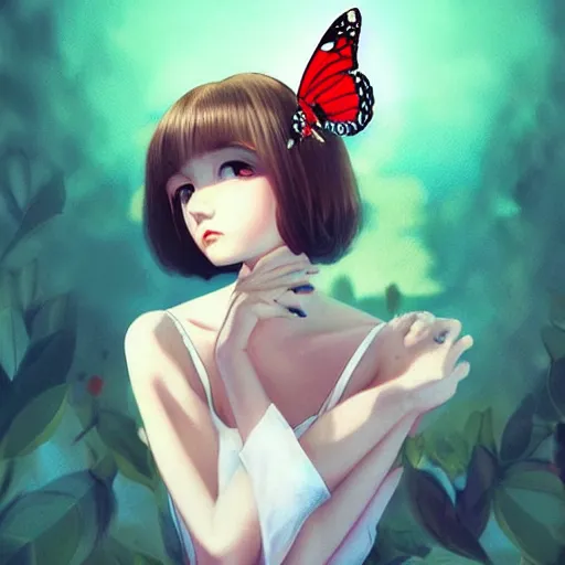 Prompt: attractive little girl with butterfly in hair wearing an white dress. art by ilya kuvshinov, profile picture, inspired in hirohiko araki, highly detailed, 8 0 s anime art style, realistic, vogue cover