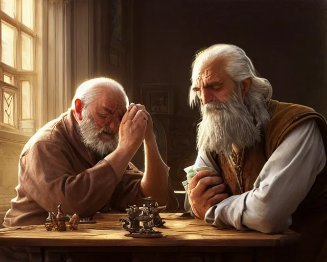 Image similar to an old man resting his chin on a table looking at the elixir of life with a photograph of his wife next to him, deep focus, d & d, fantasy, intricate, elegant, highly detailed, digital painting, artstation, concept art, matte, sharp focus, illustration, hearthstone, art by artgerm and greg rutkowski and alphonse mucha