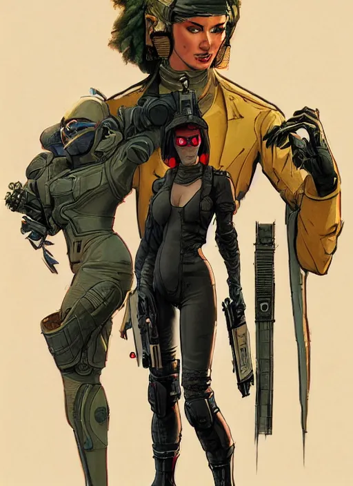 Image similar to menacing cyberpunk mercenary in tactical harbess and jumpsuit. dystopian. portrait by stonehouse and mœbius and will eisner and gil elvgren and pixar. realistic proportions. cyberpunk 2 0 7 7, apex, blade runner 2 0 4 9 concept art. cel shading. attractive face. thick lines.