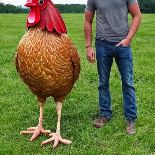 Prompt: a 2 meter tall chicken next to a 1,7 meter tall farmer.