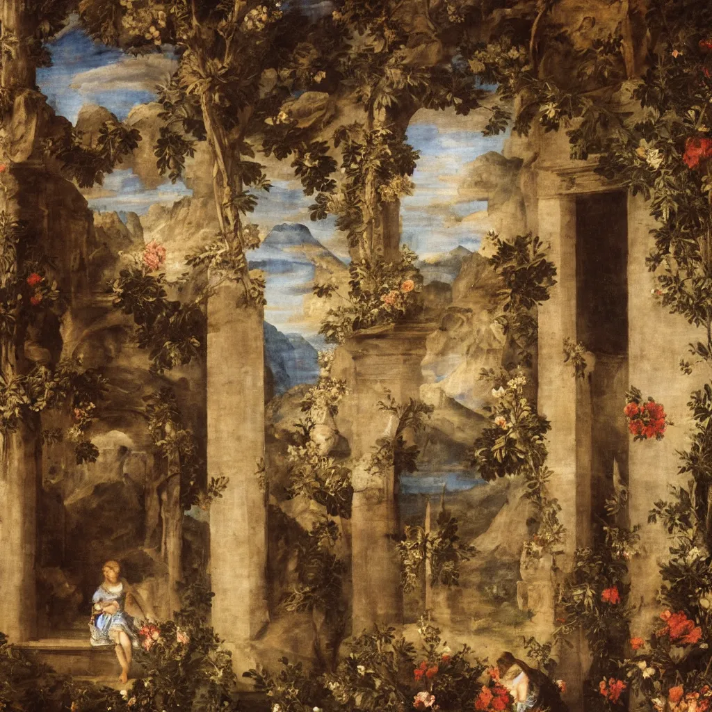 Prompt: a Titian painting of the inside of a on old church that is decorated with flowers and mountains in the back