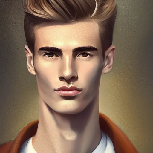 Image similar to tall man in his twenties with brown blond short quiff hair and thin slightly round facial structure with cleft chin, straight eyebrows and prominent nose, good definition of cheekbones, big hazel nut brown eyes, narrow face, slim body, atmospheric lighting, painted, intricate, 4 k, highly detailed by charlie bowater