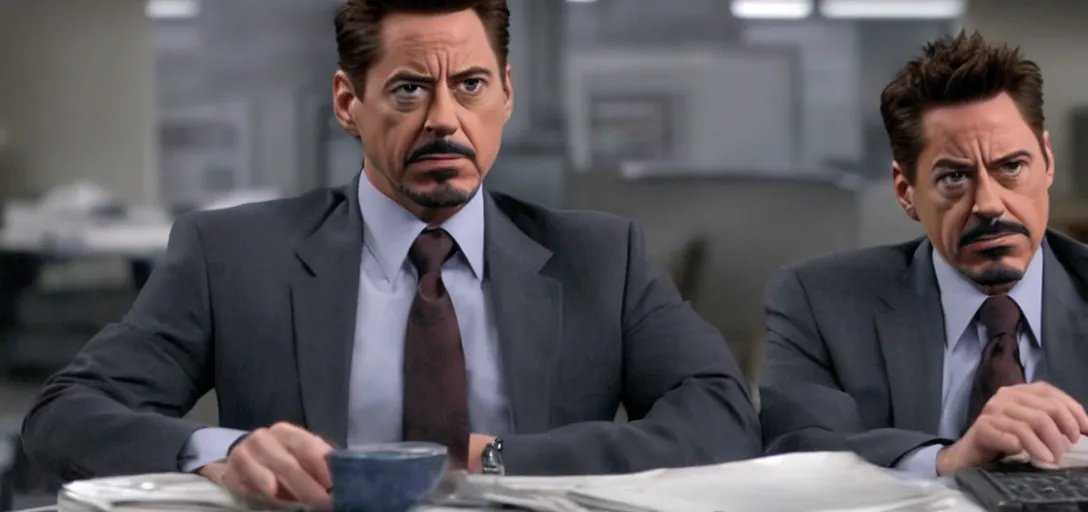 Image similar to a very high resolution image of tony stark. from an episode of the office with micheal scott. photorealistic, photography