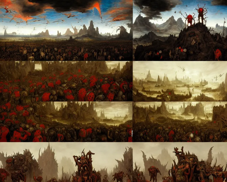 Image similar to doom eternal by jakub rozalski, zoomed garden of eternal delights hell by hieronymus bosh, zoom on triumph of death by pieter brueghel, doom eternal by hieronymus bosh