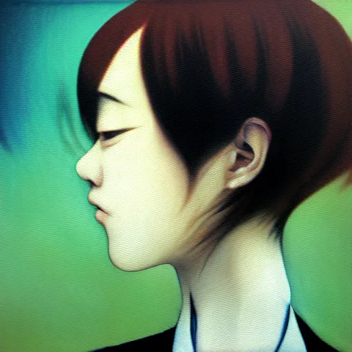 Image similar to yoshitaka amano blurred and dreamy realistic three quarter angle portrait of a young woman with short hair and black eyes wearing office suit with tie, junji ito abstract patterns in the background, satoshi kon anime, noisy film grain effect, highly detailed, renaissance oil painting, weird portrait angle, blurred lost edges