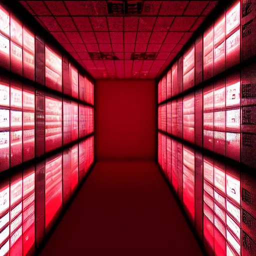 Prompt: evil server room, screen with ai face on it, dark, red lighting