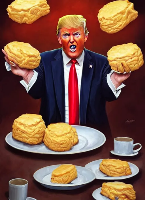 Prompt: donald trump eating buttermilk biscuits and white gravy, cosmic horror painting, elegant intricate digital painting artstation concept art by mark brooks and brad kunkle detailed