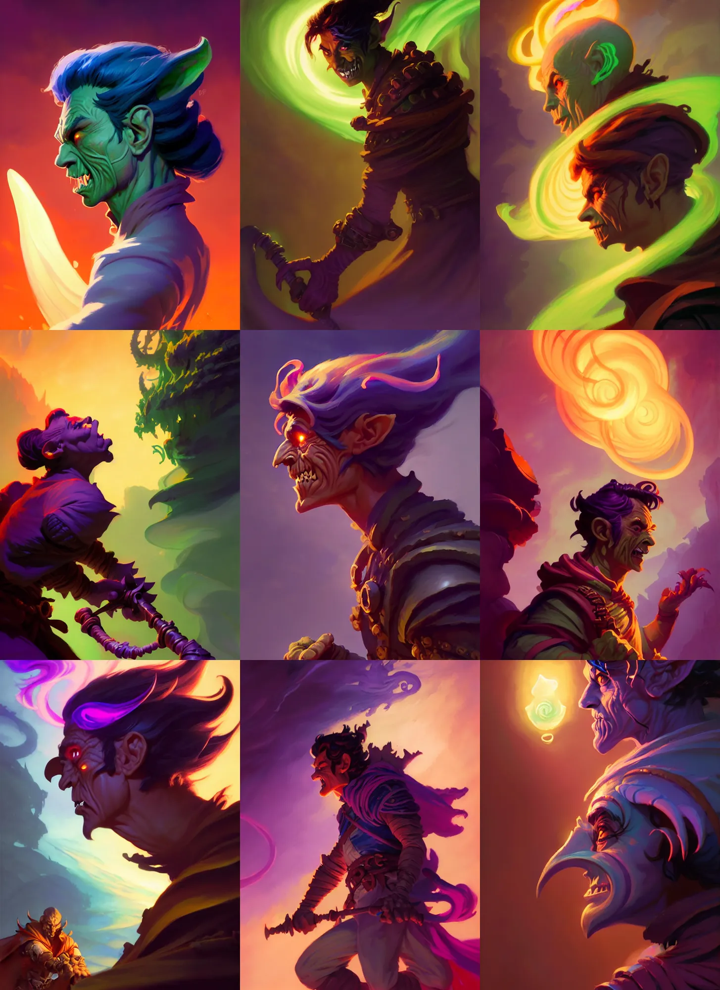 Prompt: side profile, male goblin rogue, gloomhaven, luminescent, colorful swirly magic ripples, dreamy colors, by greg manchess, huang guangjian, gil elvgren, sachin teng, greg rutkowski, jesper ejsing, ilya kuvshinov