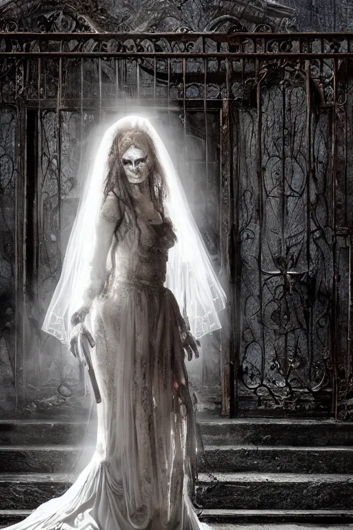 Image similar to a zombie bride with flowing dress and veil at the ornate gate of a decrepit house, night, mist, smoke, scary, spooky, dramatic lighting, moody, style of stephen jones, bernie wrightson, derek riggs, virgil finlay, fantasy, horror, octane render 8 k