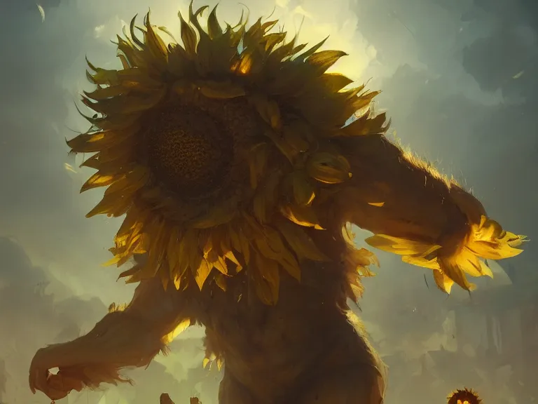 Prompt: sunflower giant monster, concept art by Greg Rutkowski, artstation, cgsociety