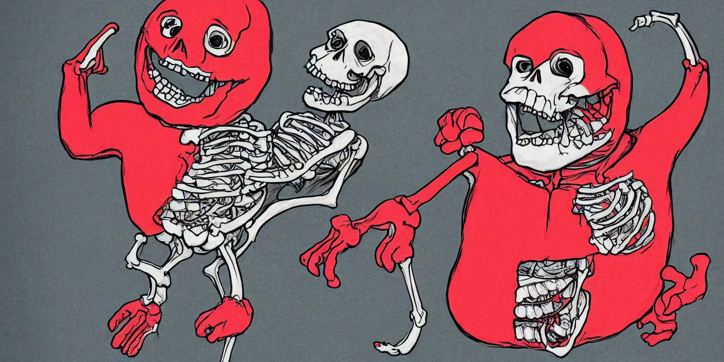Prompt: kool - aid man and skeleton anatomical drawing highly detailed illustration